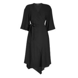 Theory Kimono Wrap Dress Black Summer Crepe Handkerchief Hem Size 4 LBD V-Neck